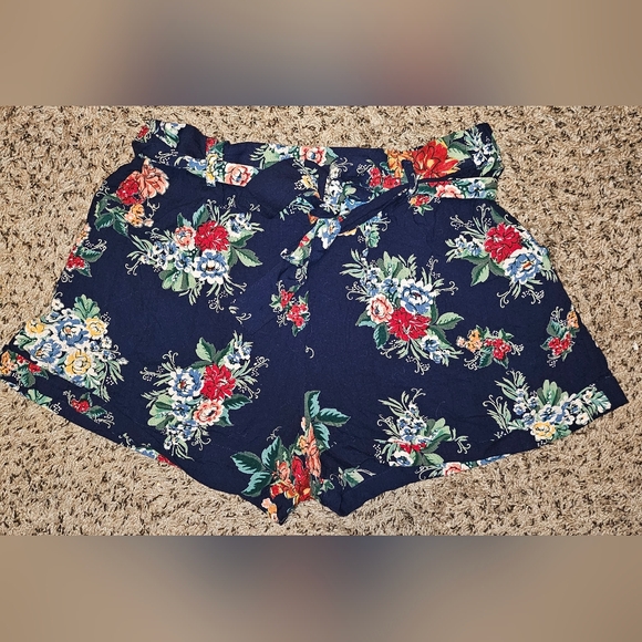 Angie Pants - Angie Navy Floral Paperbag Waist Women's Shorts
